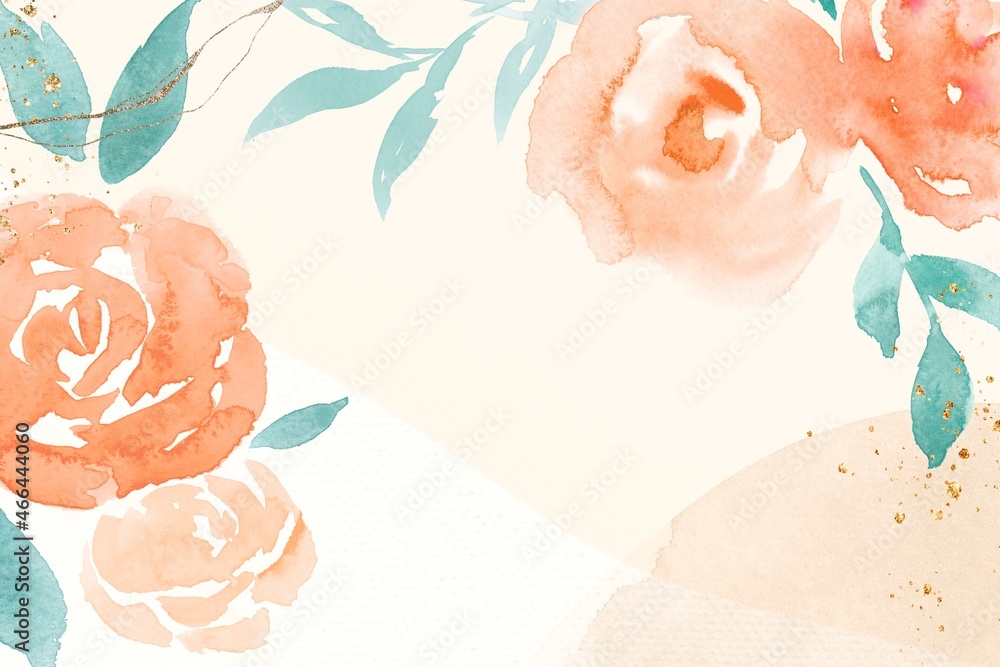 橙色玫瑰框架背景春季水彩插图