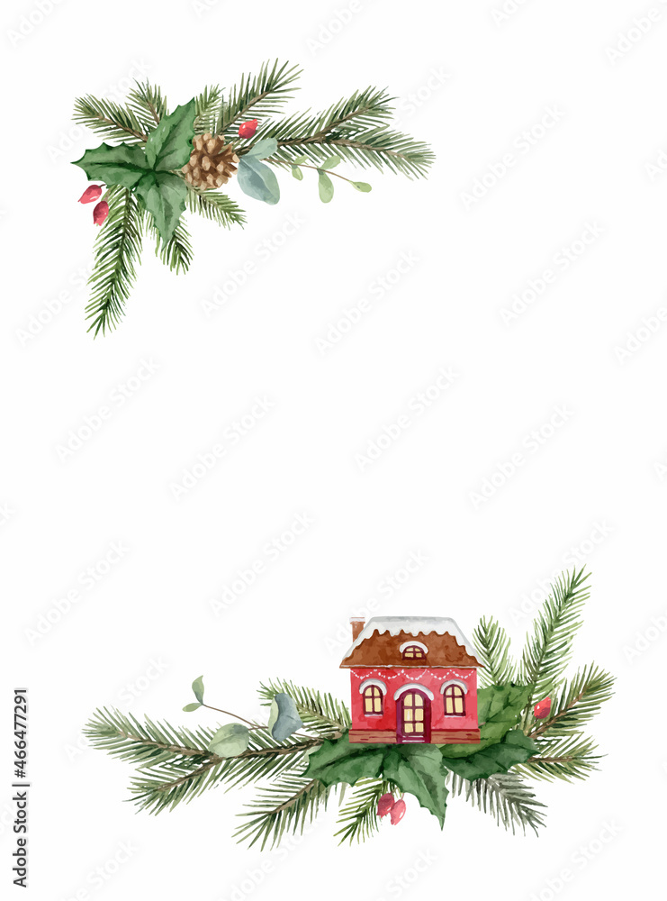 水彩矢量圣诞——一张有房子和冷杉树枝的卡片。