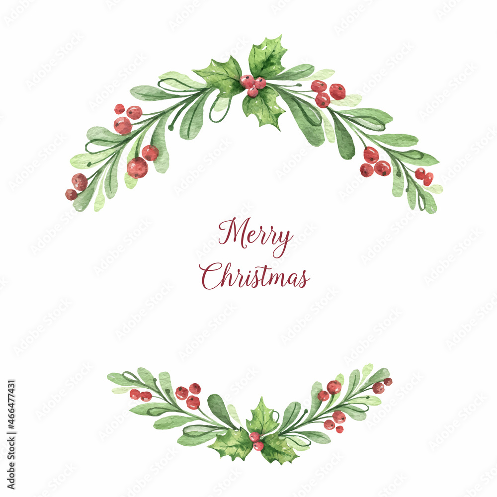Watercolor vector Christmas wreath with green branches and red berries.
