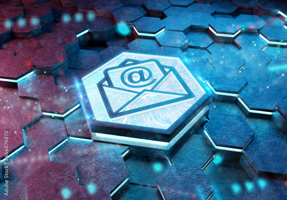 电子邮件图标概念雕刻在六边形基座背景上。邮件图标在抽象数字上发光