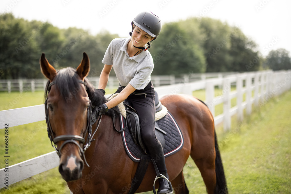 农村围栏附近的绿色草地上，骑着棕色纯种马的女骑手。概念o