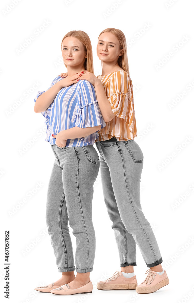 Beautiful young twin sisters on white background