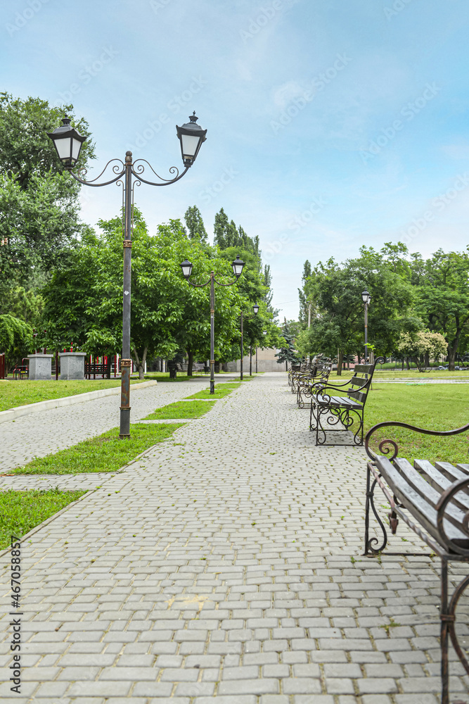 美丽城市公园里有灯柱和长椅的小巷