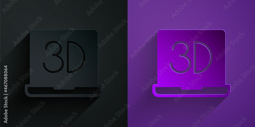 剪纸3D打印机图标隔离在紫色背景上的黑色上。3D打印。纸艺风格。Vect
