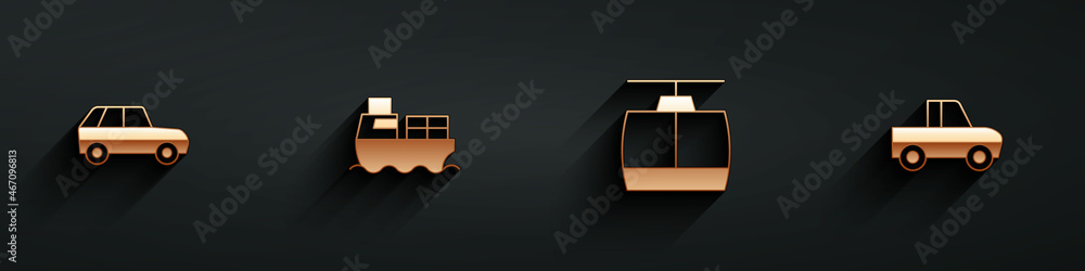 Set Car，Cargo ship with boxes delivery，Cable Car and Pickup truck icon with long shadows.Vector（设置汽车