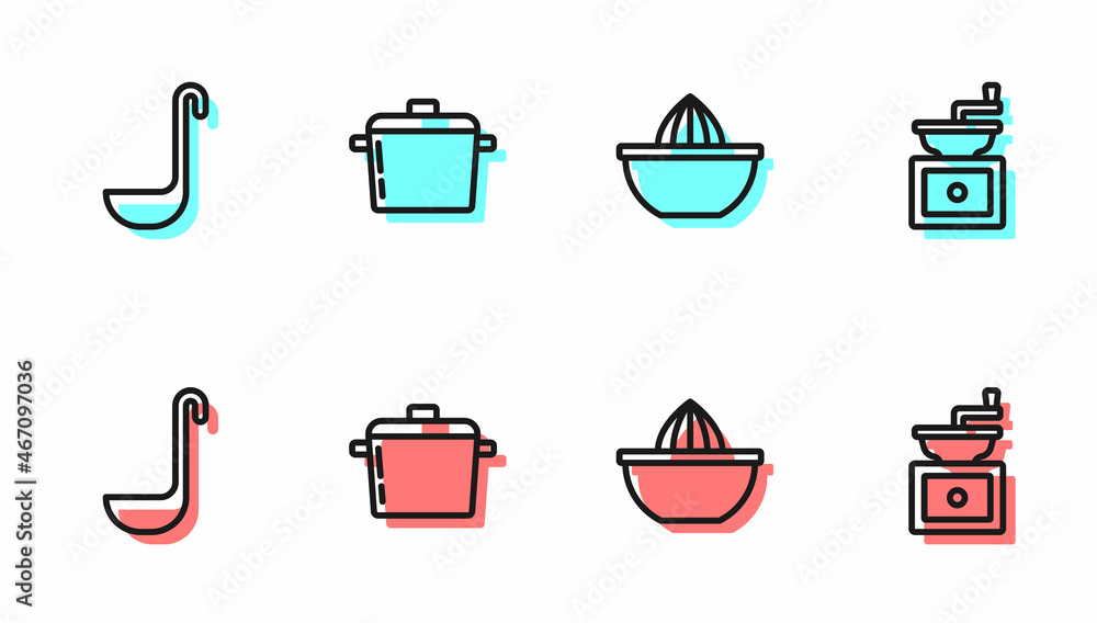 设置线柑橘榨汁机、厨房勺、烹饪锅和手动咖啡研磨机图标。矢量