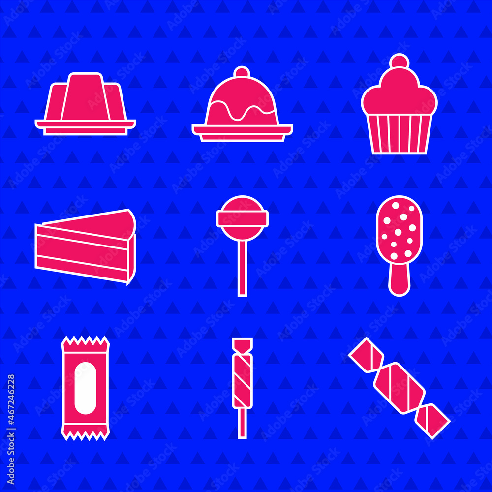 Set Lollipop, Candy, Ice cream, Piece of cake, Cake and Jelly icon. Vector