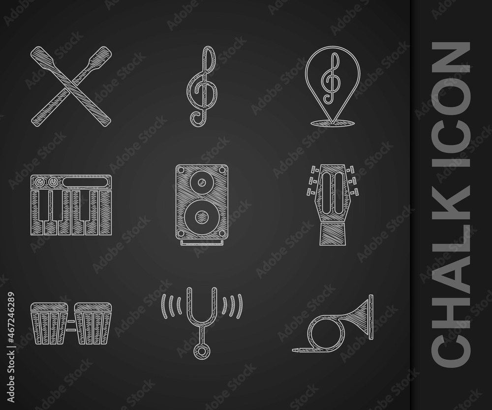 Set Stereo speaker, Musical tuning fork, Trumpet, Guitar, Drum, synthesizer, Treble clef and sticks 