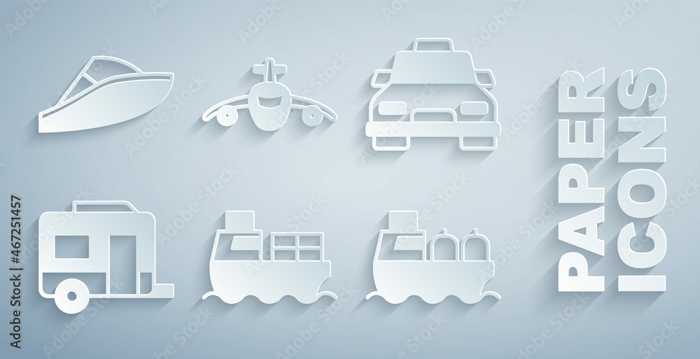 设置带箱子的货船、出租车、房车露营拖车、油轮、飞机和快艇ic