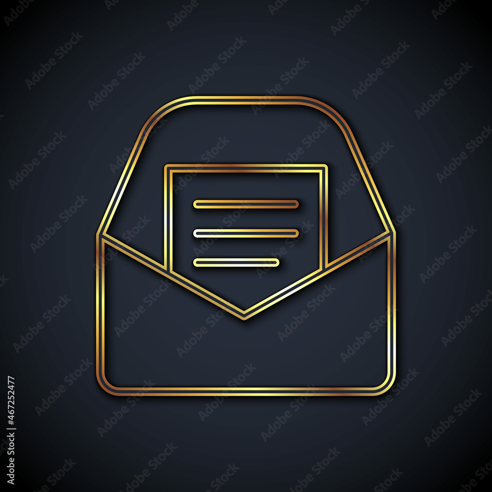 Gold line Mail and e-mail icon isolated on black background. Envelope symbol e-mail. Email message s
