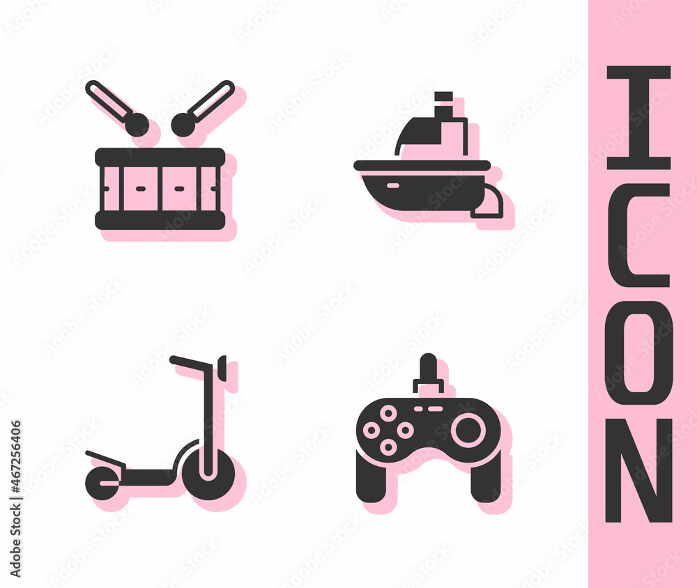 Set Gamepad, Drum with drum sticks, Roller scooter and Toy boat icon. Vector