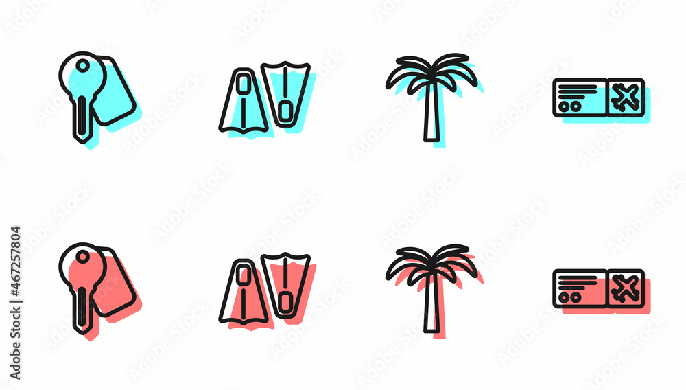 热带棕榈树、酒店门锁钥匙、游泳用橡胶脚蹼和机票ic