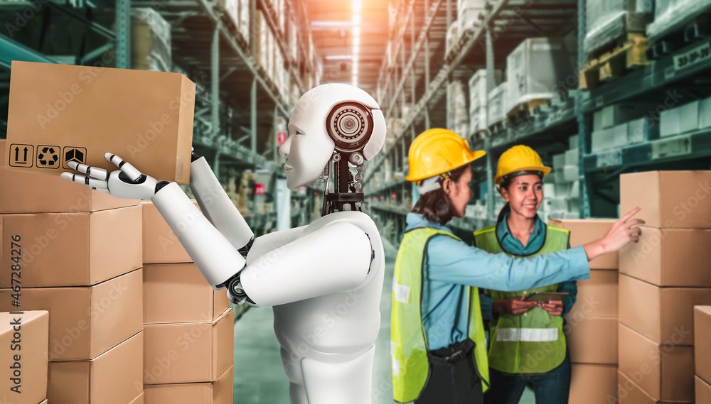 创新行业机器人与人类工人一起在仓库工作。人工智能的概念
