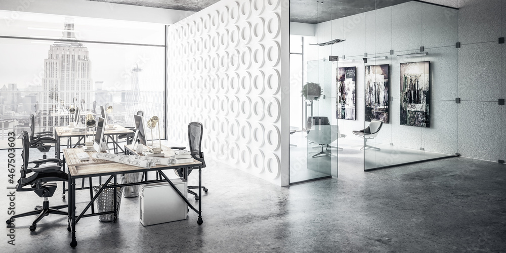 带客人区的开放式办公室-全景黑白3D可视化