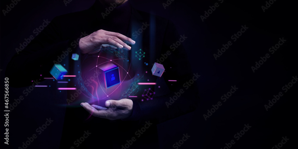 Blockchain Technology Concepts. Businessman Levitating a Digital and Futuristic Graphic to Connectin