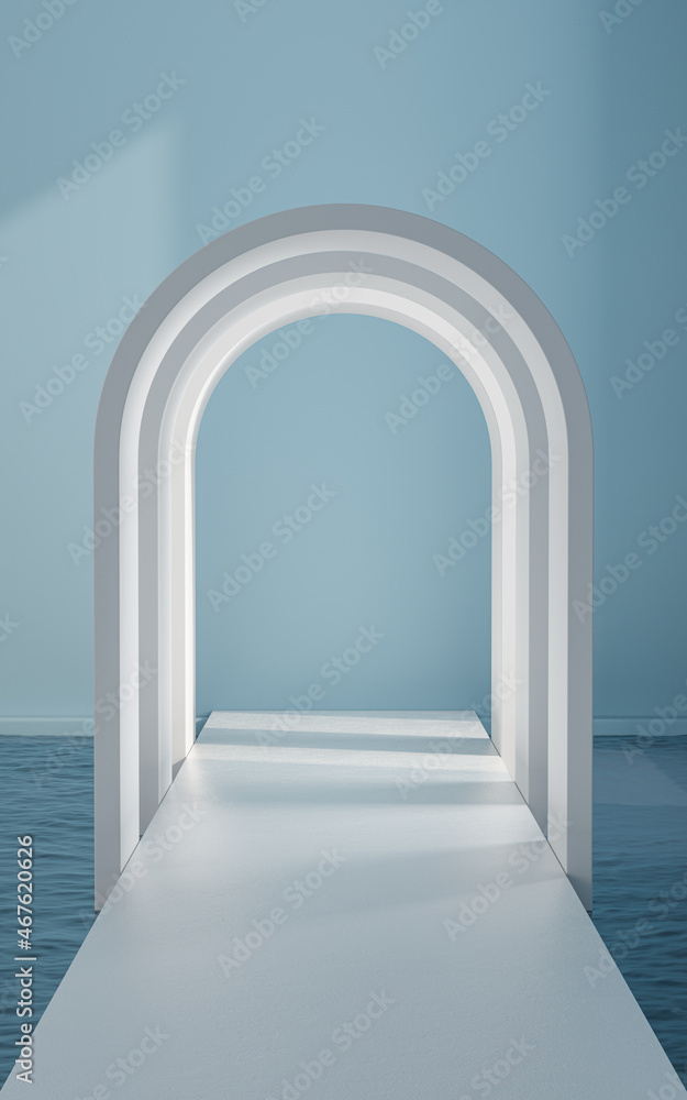 空房间里的水和拱形门，3d渲染。