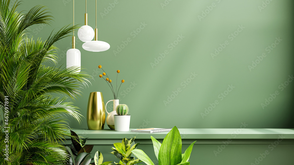 带绿色植物和架子的绿色墙壁模型。