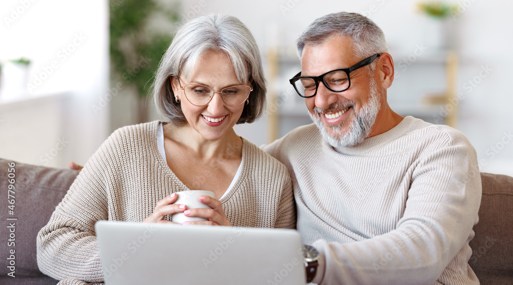 一对幸福的老年家庭夫妇在家空闲时间用笔记本电脑看喜剧或搞笑视频