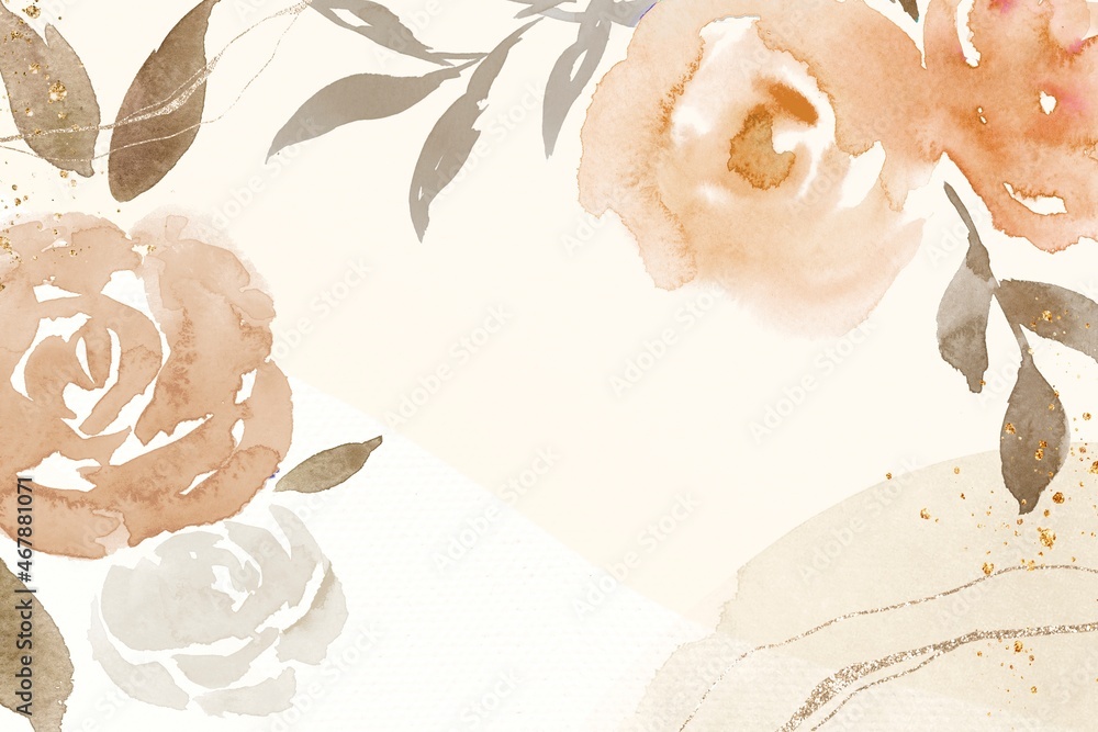 棕色玫瑰框架背景春季水彩插图