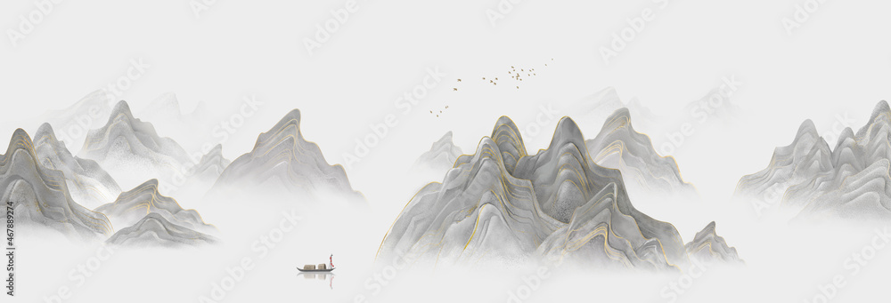 手绘新中国抽象意境水墨山水画