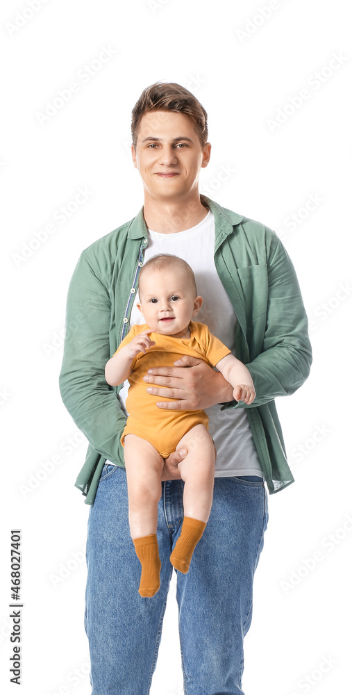 Young father holding little baby on white background