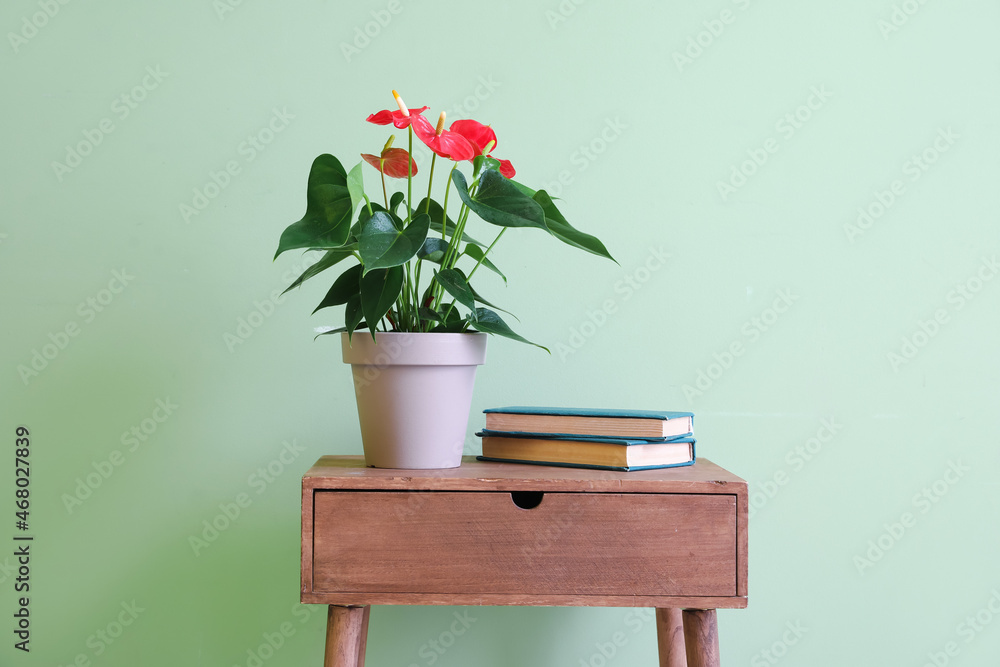 带红掌花的木桌和彩色背景的一叠书