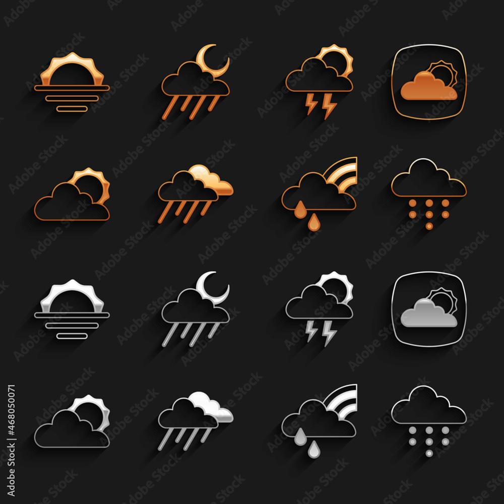 Set Cloud with rain, Weather forecast, Rainbow cloud and, Sun weather, Storm, Sunrise and moon icon.