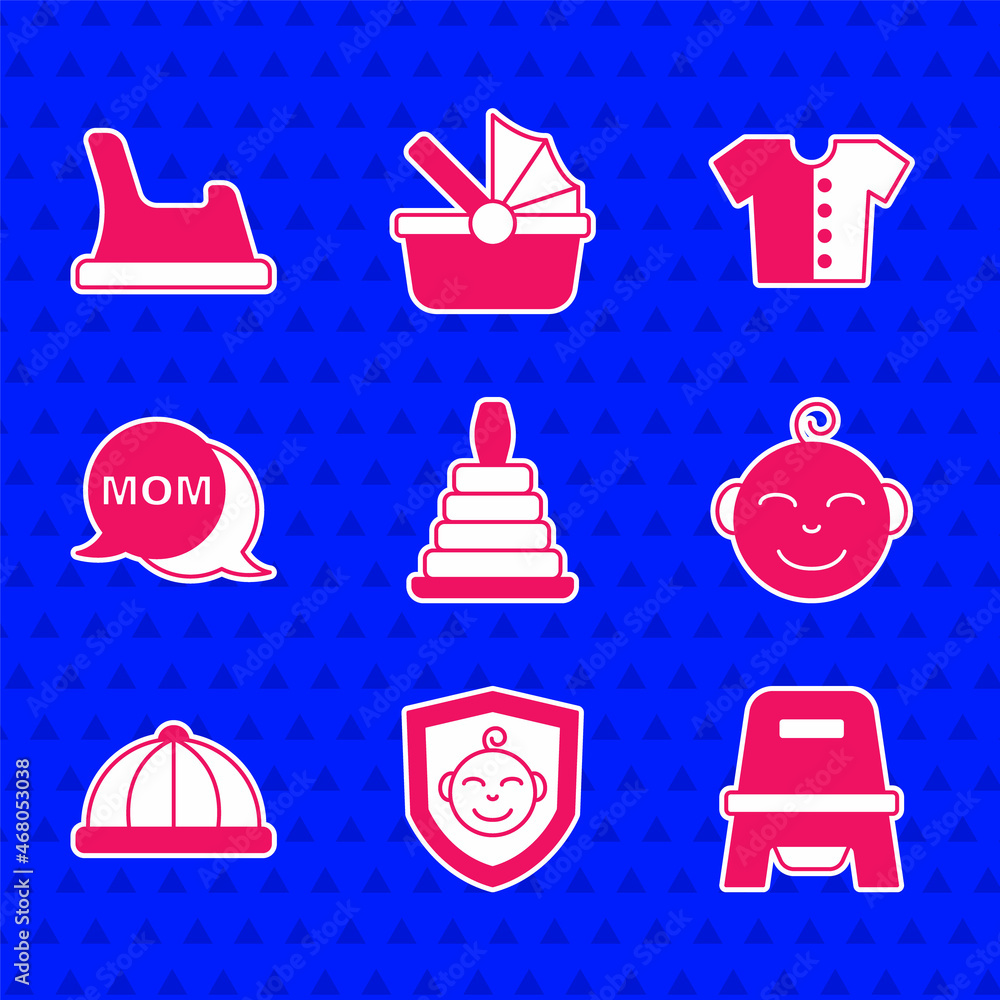 Set Pyramid toy，Baby on shield，便盆，小男孩头，帽子，Speech bubble mom，t恤和icon.V