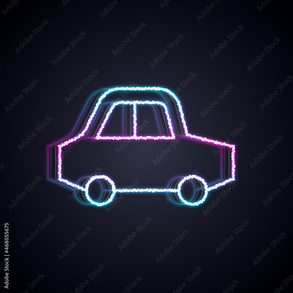 发光的霓虹灯线条玩具车图标孤立在黑色背景上。矢量