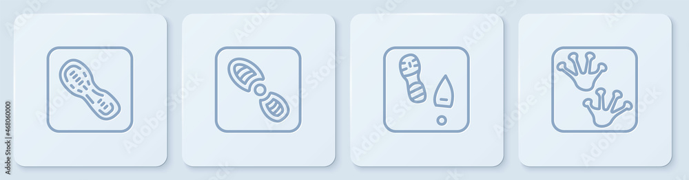 Set line Human footprints shoes, , and Frog paw. White square button. Vector