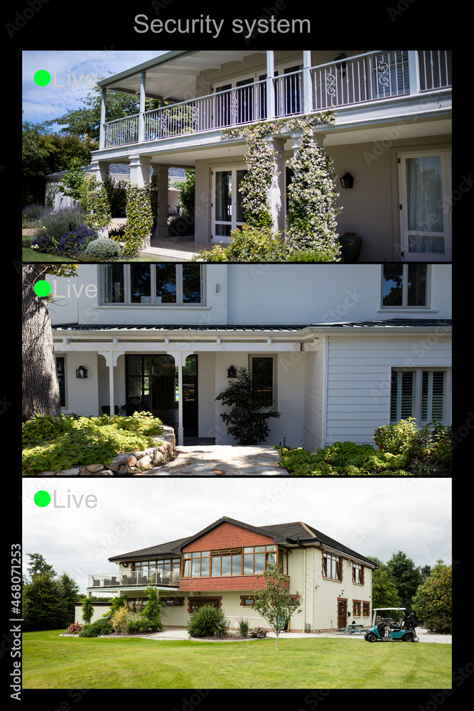 Composition of three security camera screens with houses and gardens