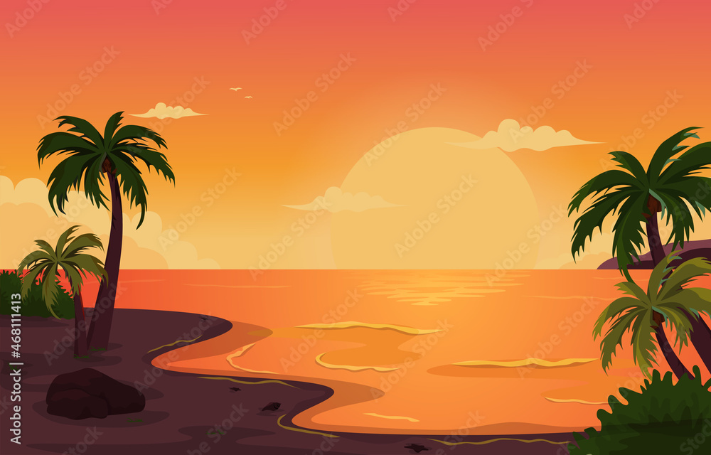 Beautiful Sunset Beach Sea Vacation Holiday Tropical Vector Illustration