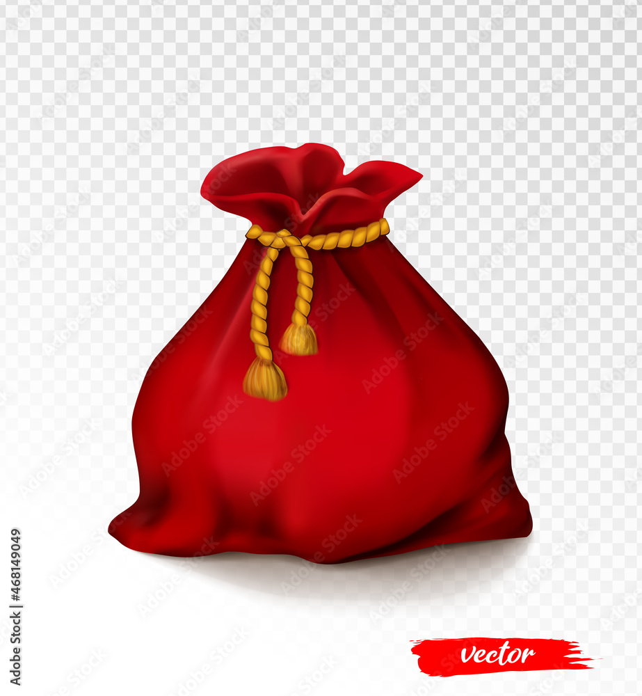 Santa Claus bag with gifts. Christmas red bag with candy, Christmas branches and presents. Realistic