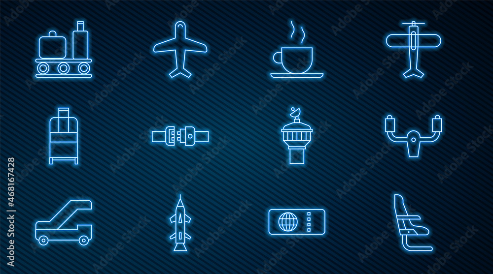 飞机座椅、飞机方向盘、咖啡杯、安全带、手提箱、机场输送机