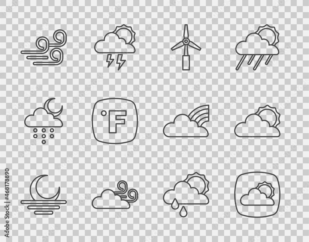 日落、天气预报、风力涡轮机、大风天气、华氏温度、带雨和阳光的云