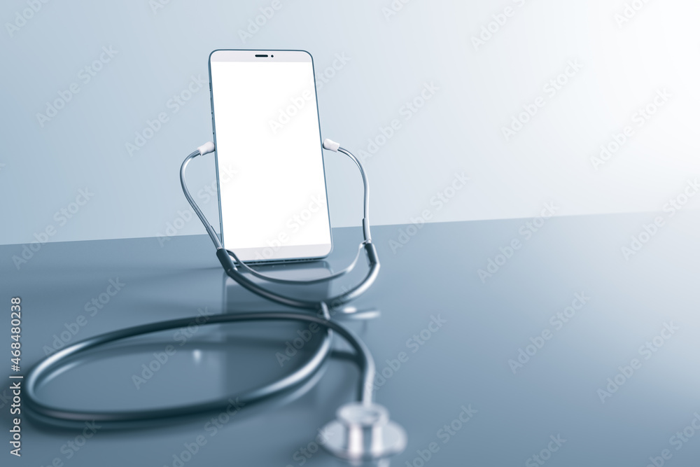 带听诊器的空手机屏幕的特写，背景为浅色，带有模型位置。在线m