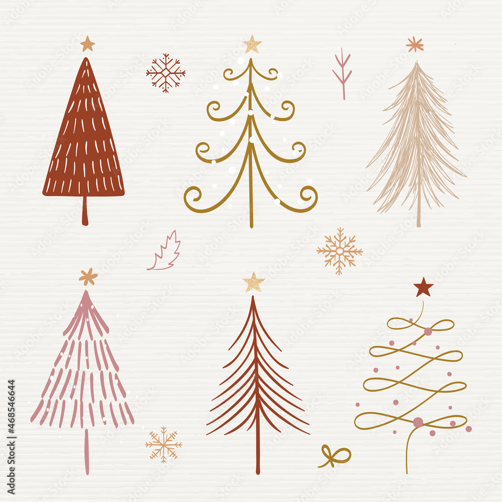 圣诞涂鸦贴纸，可爱的树和动物插图矢量集