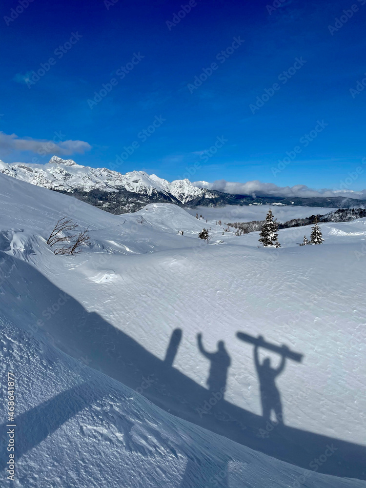 VERTICAL: Scenic shot of two excited snowboarders shadows and wintry mountains.