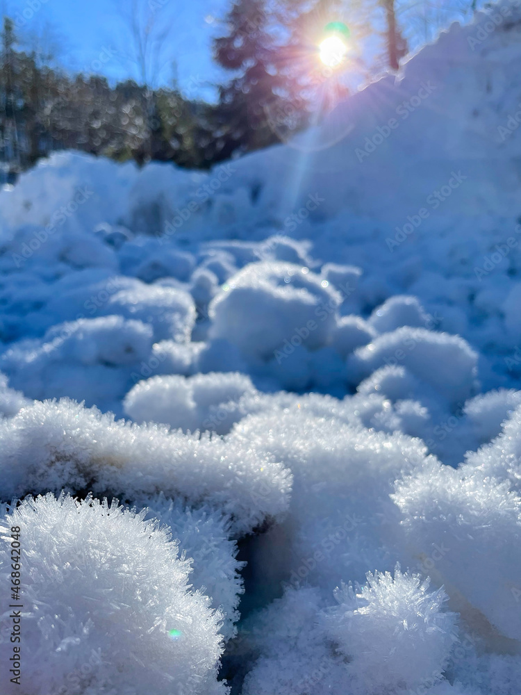 垂直：明亮的冬日早晨阳光照射在冰冻的雪晶上。