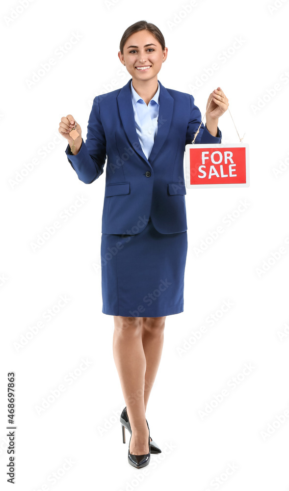Female real estate agent with sale board and key from new house on white background