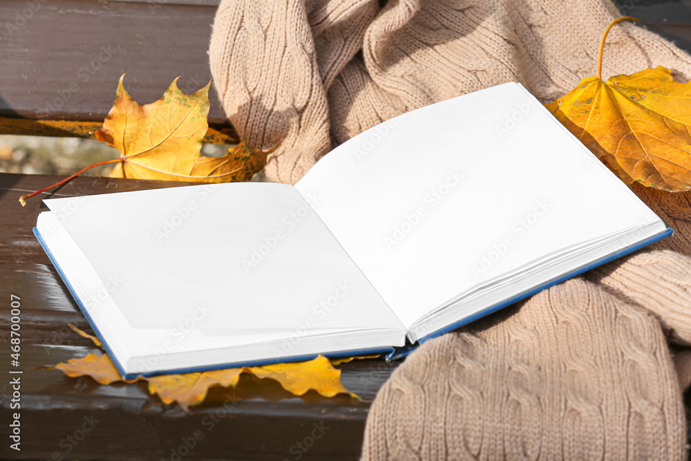 打开的书，空白页，针织围巾，长椅上的秋叶
