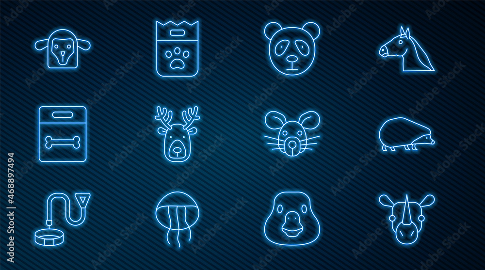 Set line Rhinoceros, Hedgehog, Cute panda face, Deer head with antlers, Dog bone, Sheep, Rat and Bag