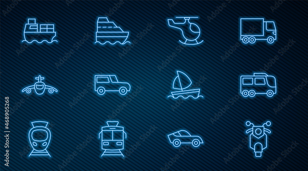 专线滑板车、巴士、直升机、汽车、飞机、带箱子的货船、游艇和Cr