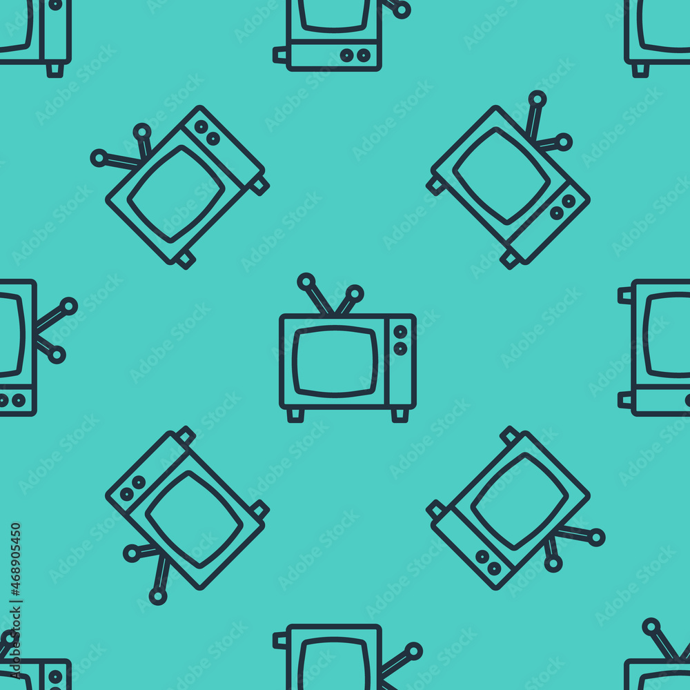 黑线复古电视图标隔离无缝图案，绿色背景。电视标志。矢量