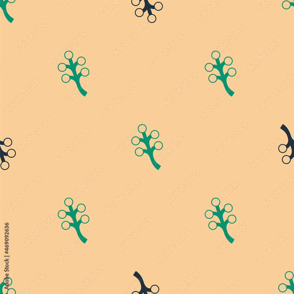 绿色和黑色的花朵树枝，米色背景上有花朵图标隔离无缝图案。