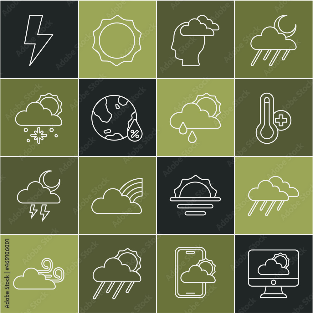 Set line Weather forecast, Cloud with rain, Meteorology thermometer, Man having headache, Water drop