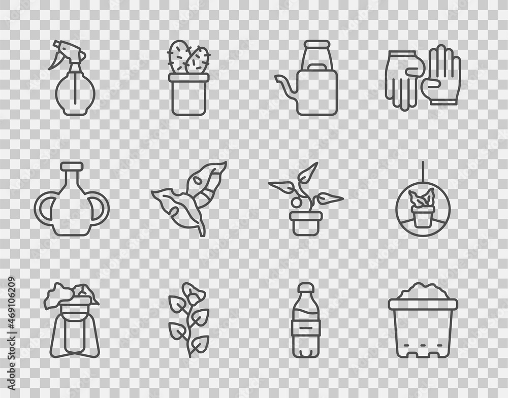 Set line Plant on stand, Pot with soil, Watering can, Ivy branch, spray bottle, Tropical leaves, Bot