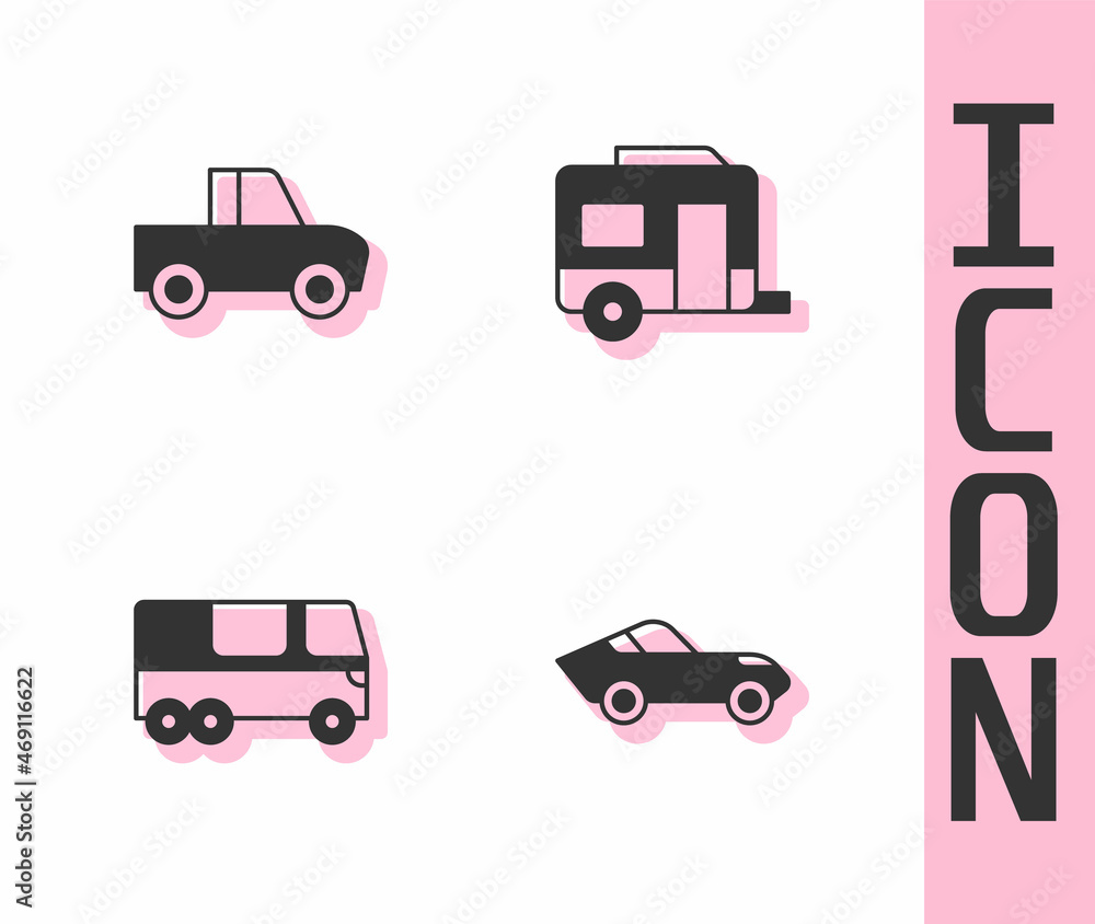 设置汽车、皮卡、巴士和房车露营拖车图标。矢量