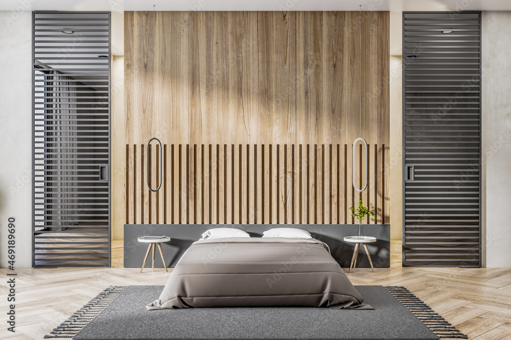 现代木制卧室内部，配有日光、家具和地毯。设计和家居概念。3D效果图