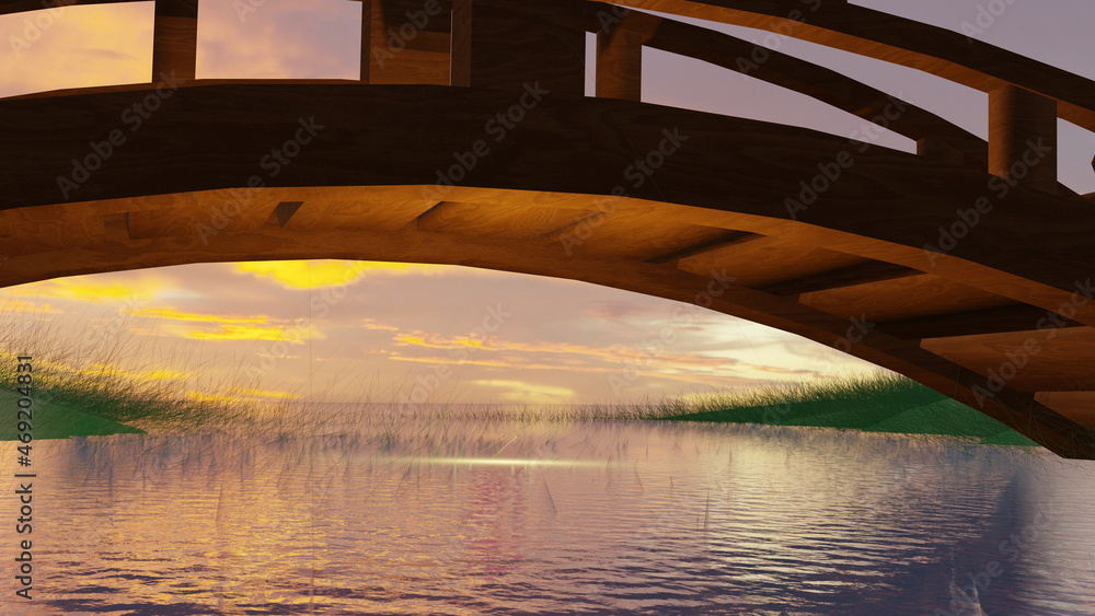 从复古木桥上观看日落河（3D渲染）